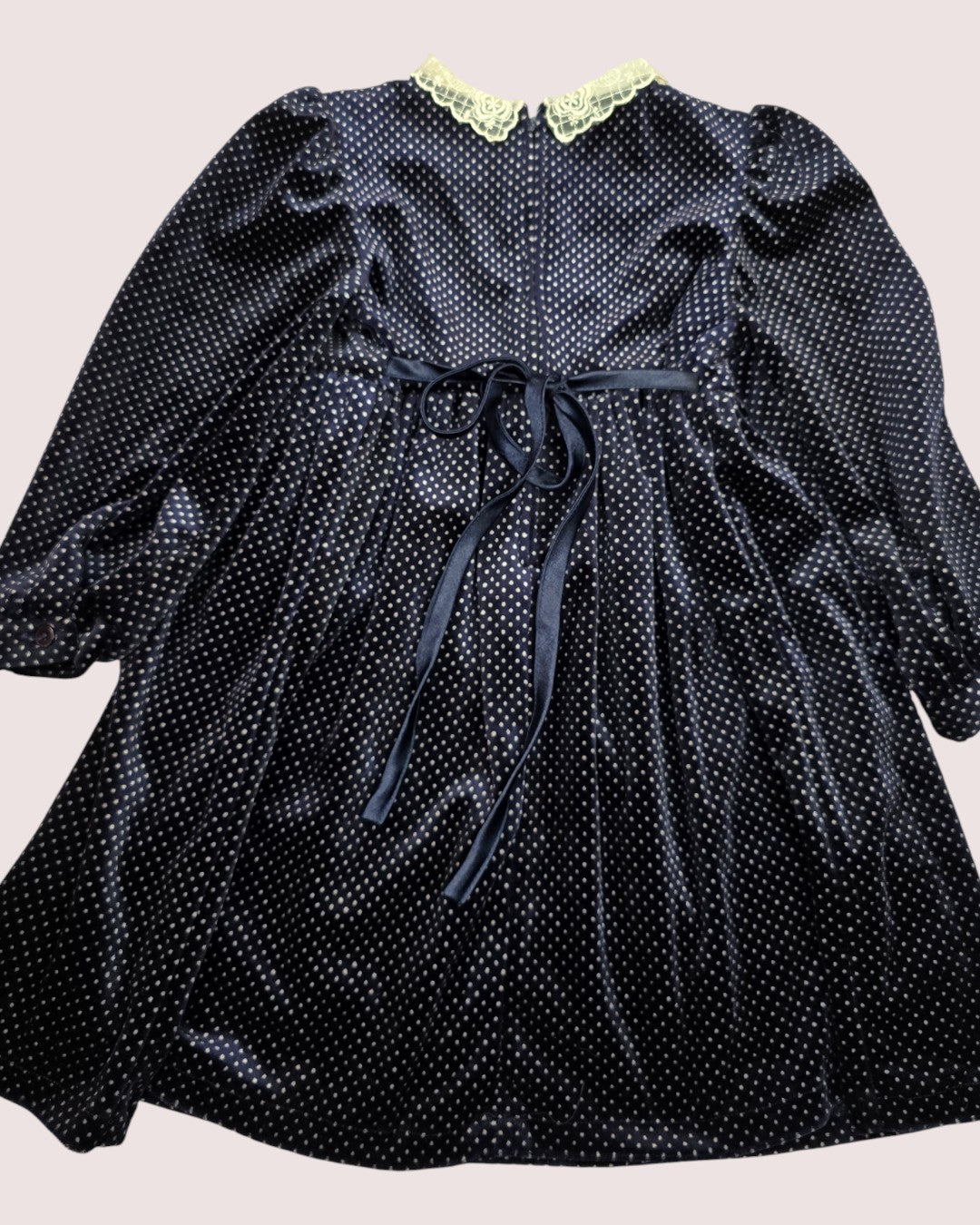 Vintage swiss dot velvet dress with lace collar and rosette details Tagged 3X