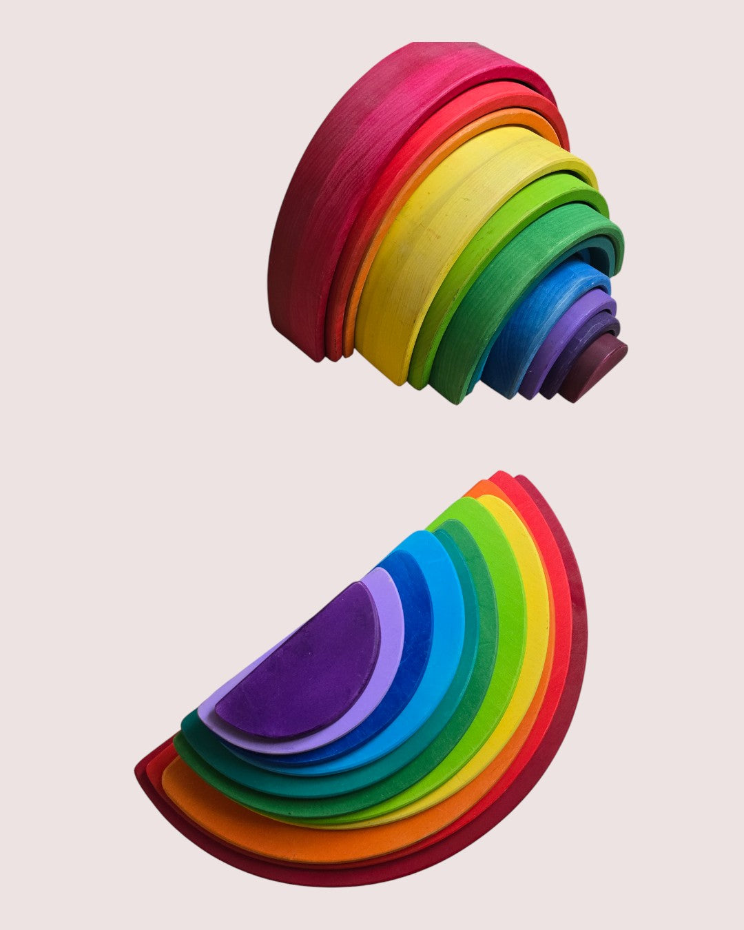 Large 12 piece wooden rainbow stacker and 12 piece semi circles