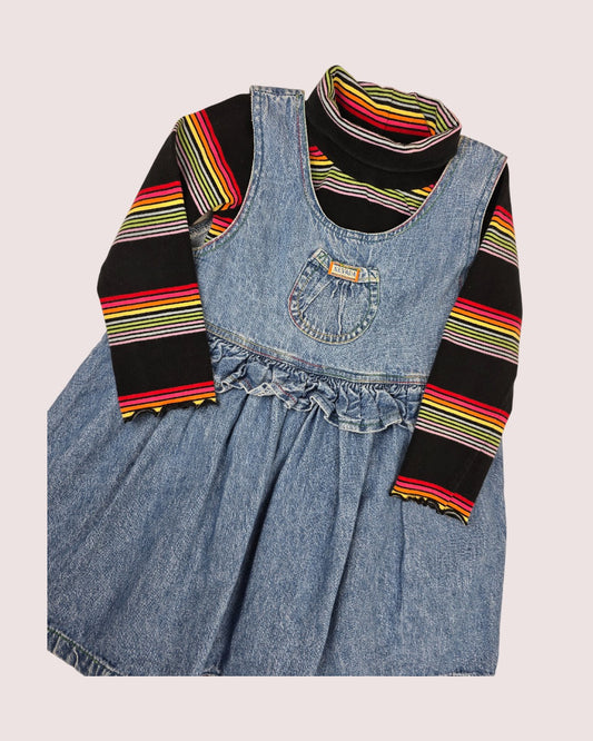Vintage Nevada denim jumper with rainbow stitching and rainbow turtleneck 4T
