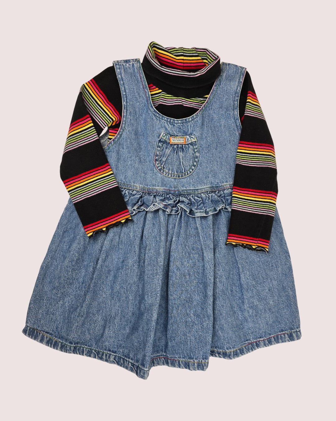 Vintage Nevada denim jumper with rainbow stitching and rainbow turtleneck 4T