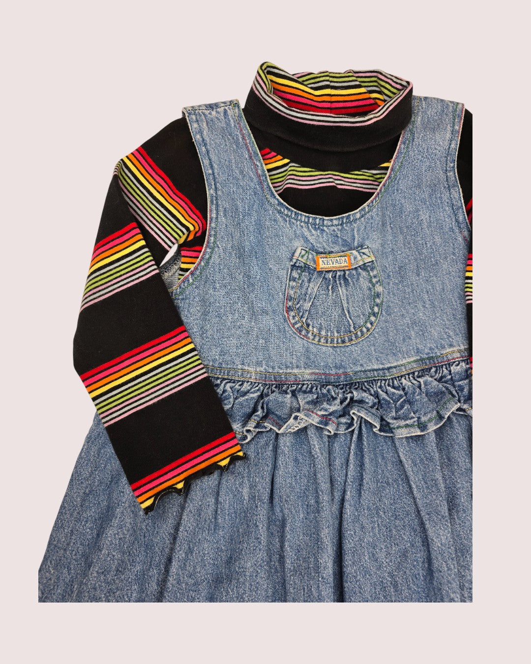 Vintage Nevada denim jumper with rainbow stitching and rainbow turtleneck 4T