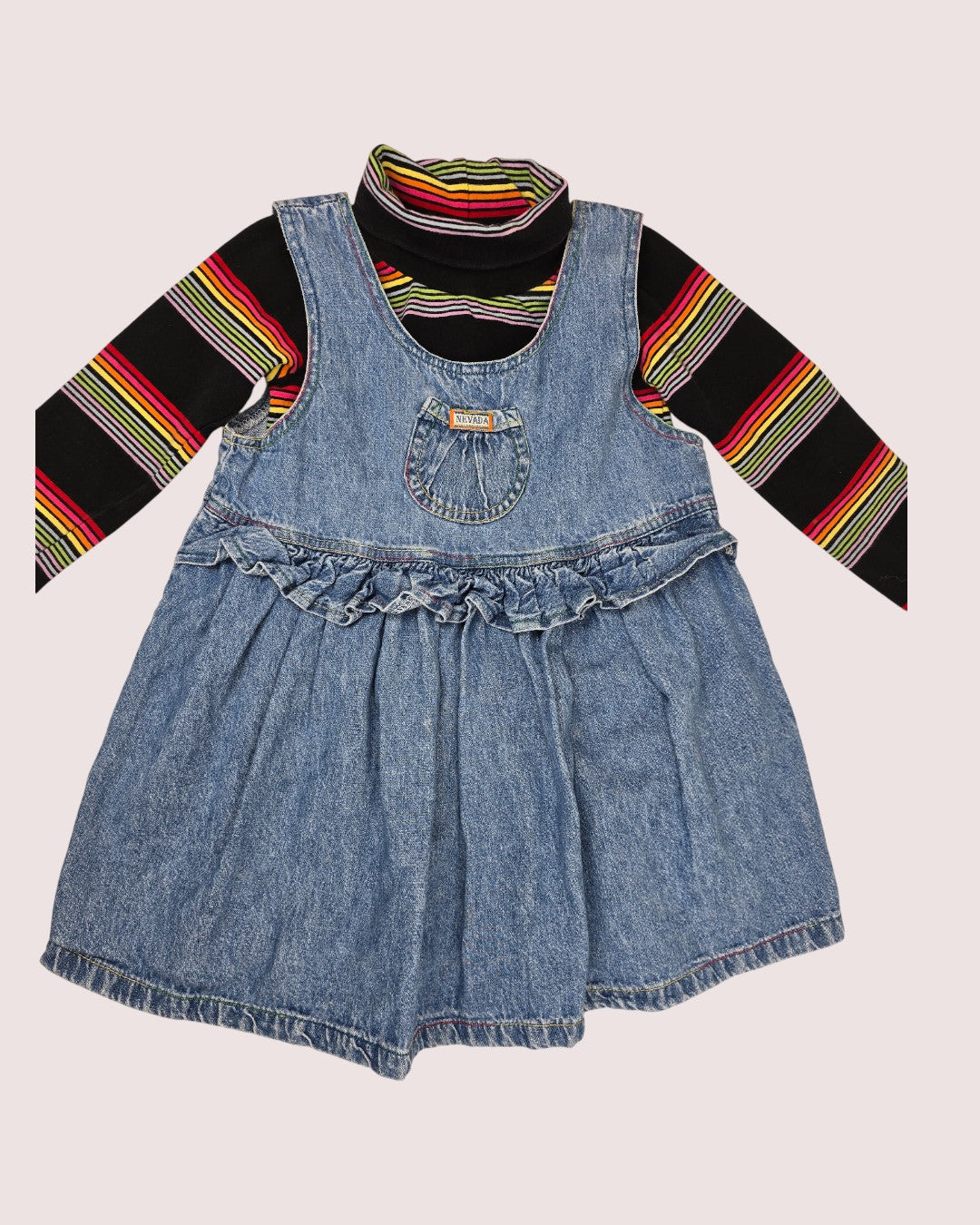Vintage Nevada denim jumper with rainbow stitching and rainbow turtleneck 4T