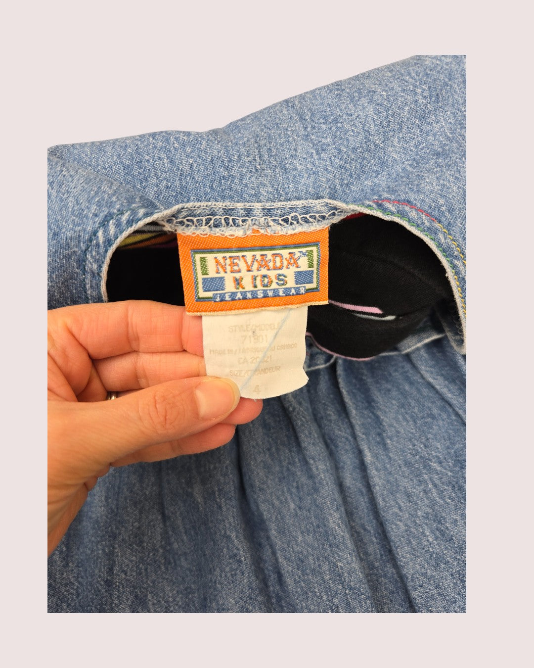 Vintage Nevada denim jumper with rainbow stitching and rainbow turtleneck 4T