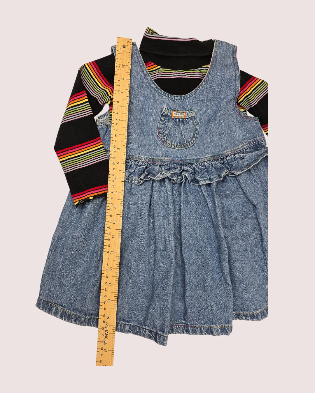 Vintage Nevada denim jumper with rainbow stitching and rainbow turtleneck 4T