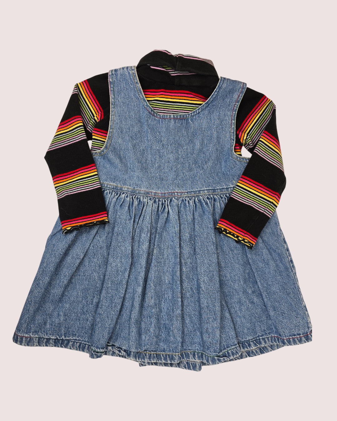 Vintage Nevada denim jumper with rainbow stitching and rainbow turtleneck 4T