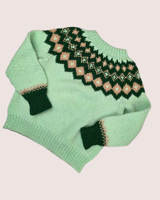 Handknit fair isle sweater green 3-5T