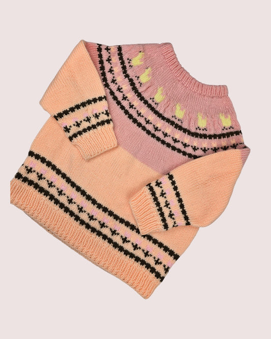 Handknit Fair Isle chicks and tulips handknit sweater Approx 5-7T