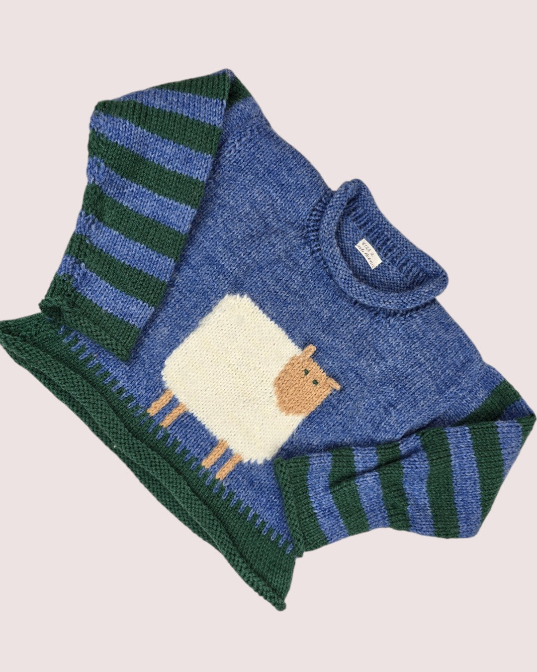Handknit sheep sweater with rolled hem details and 3D ears Size 2