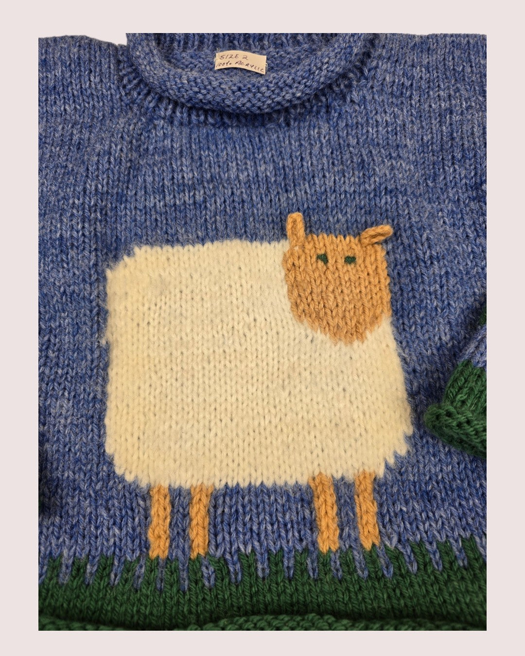 Handknit sheep sweater with rolled hem details and 3D ears Size 2