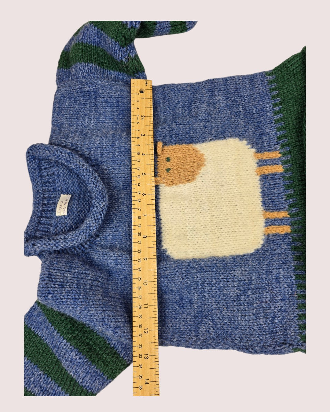 Handknit sheep sweater with rolled hem details and 3D ears Size 2