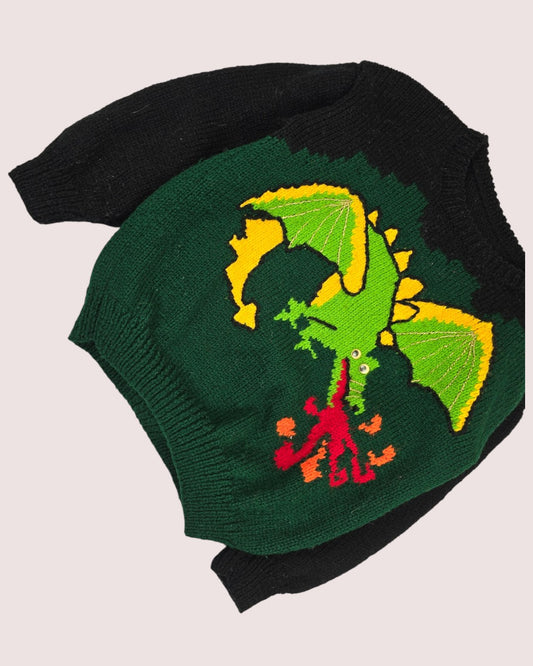 Handknit dragon sweater with googly eyes  approx 7-9Y