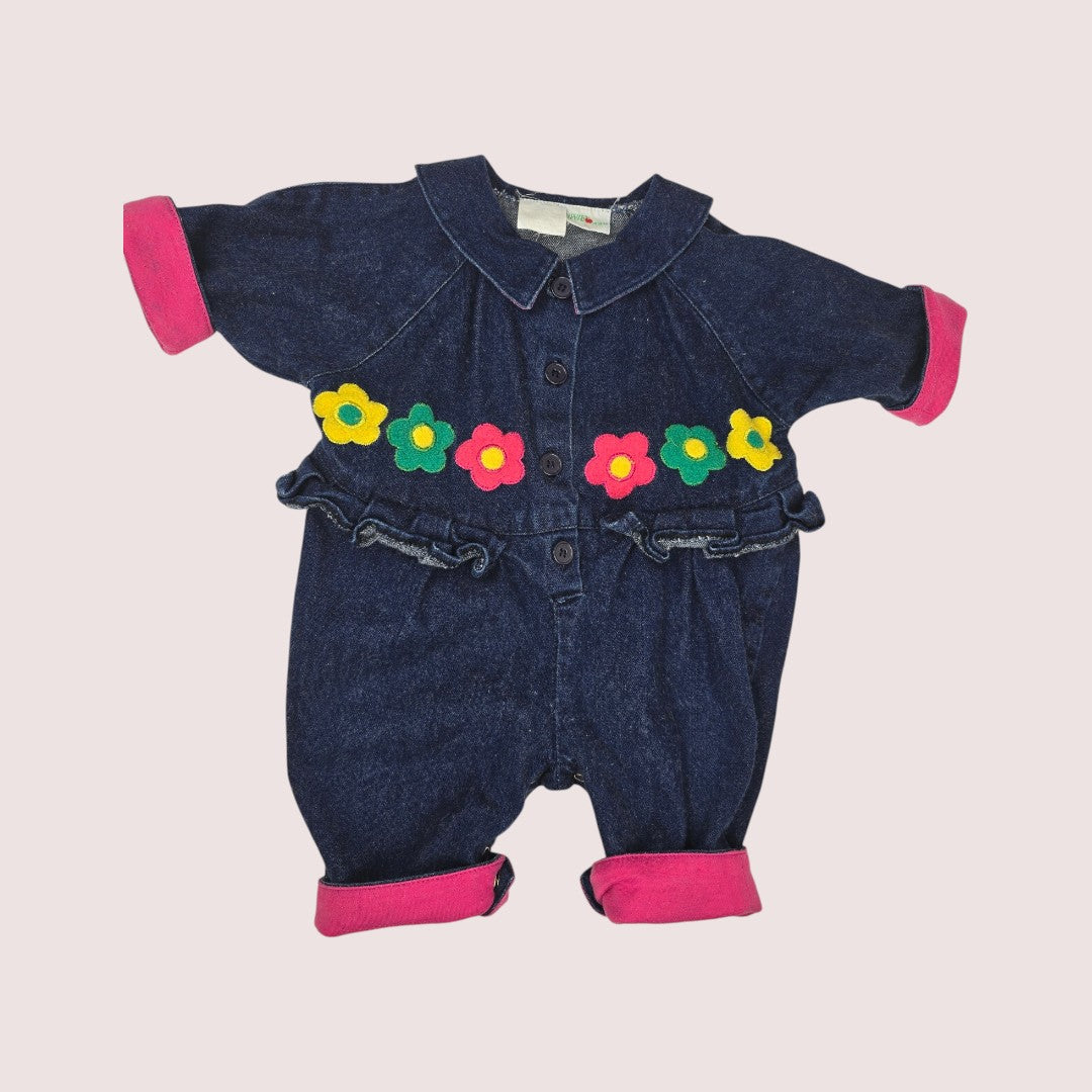 Vintage Raphael denim romper with flower applique 12m