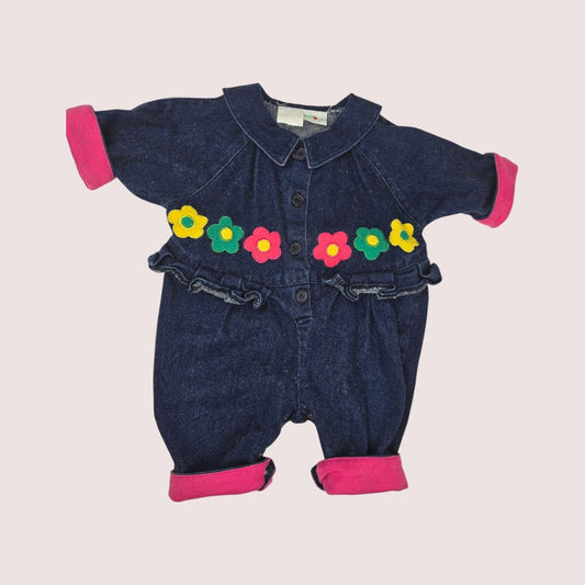 Vintage Raphael denim romper with flower applique 12m