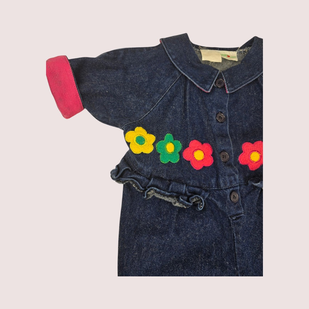 Vintage Raphael denim romper with flower applique 12m