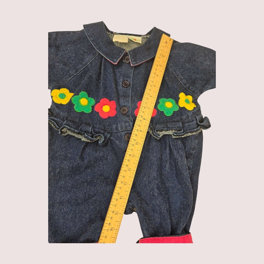 Vintage Raphael denim romper with flower applique 12m