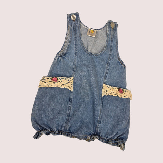 Vintage denim bubble romper with lace and rosette pocket details 12m
