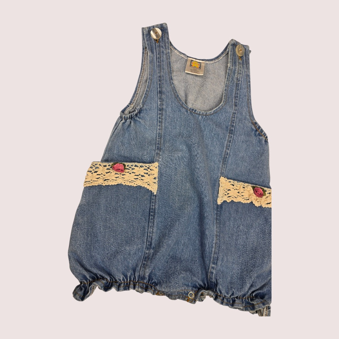 Vintage denim bubble romper with lace and rosette pocket details 12m