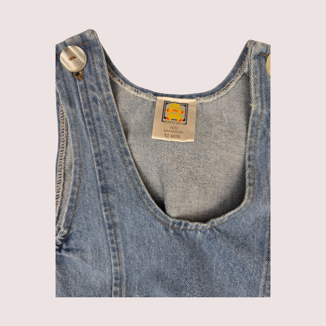 Vintage denim bubble romper with lace and rosette pocket details 12m