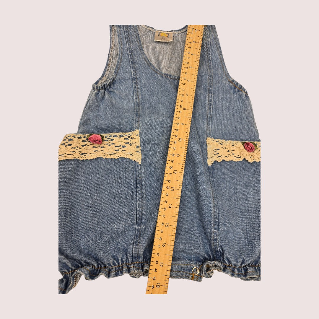 Vintage denim bubble romper with lace and rosette pocket details 12m