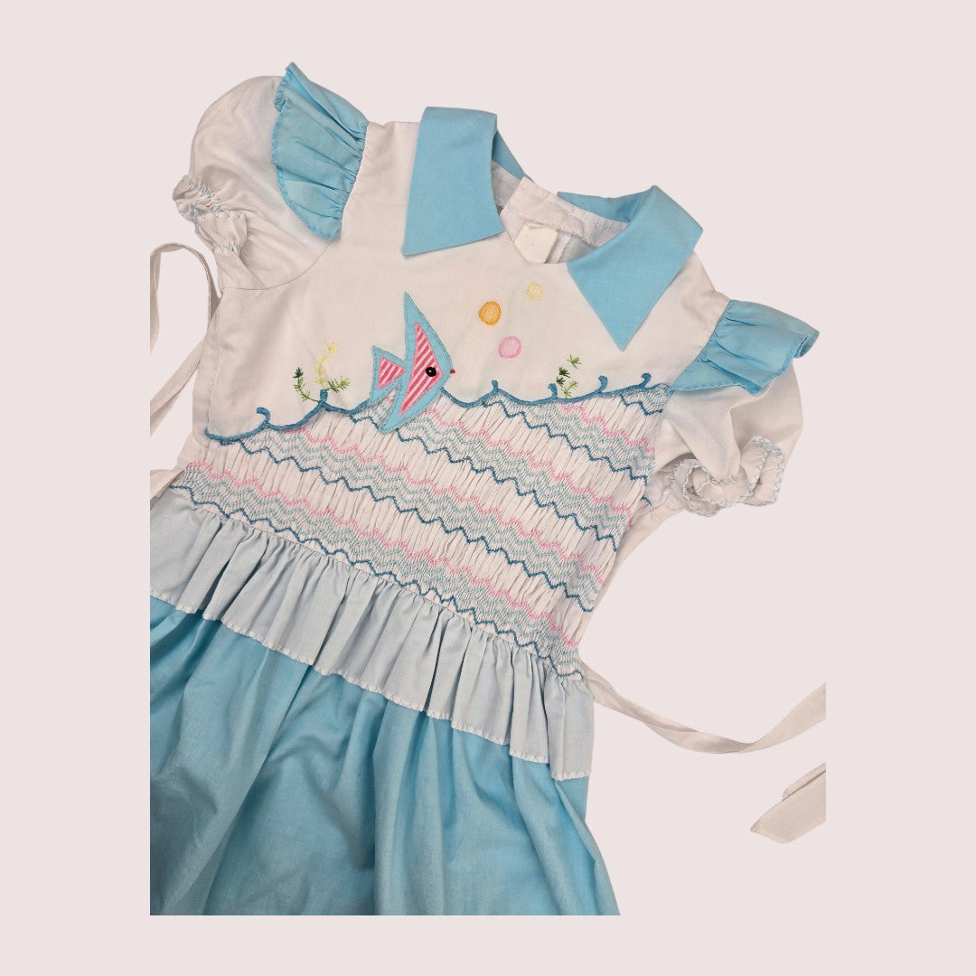 Vintage smocked fish dress with tie back 4T