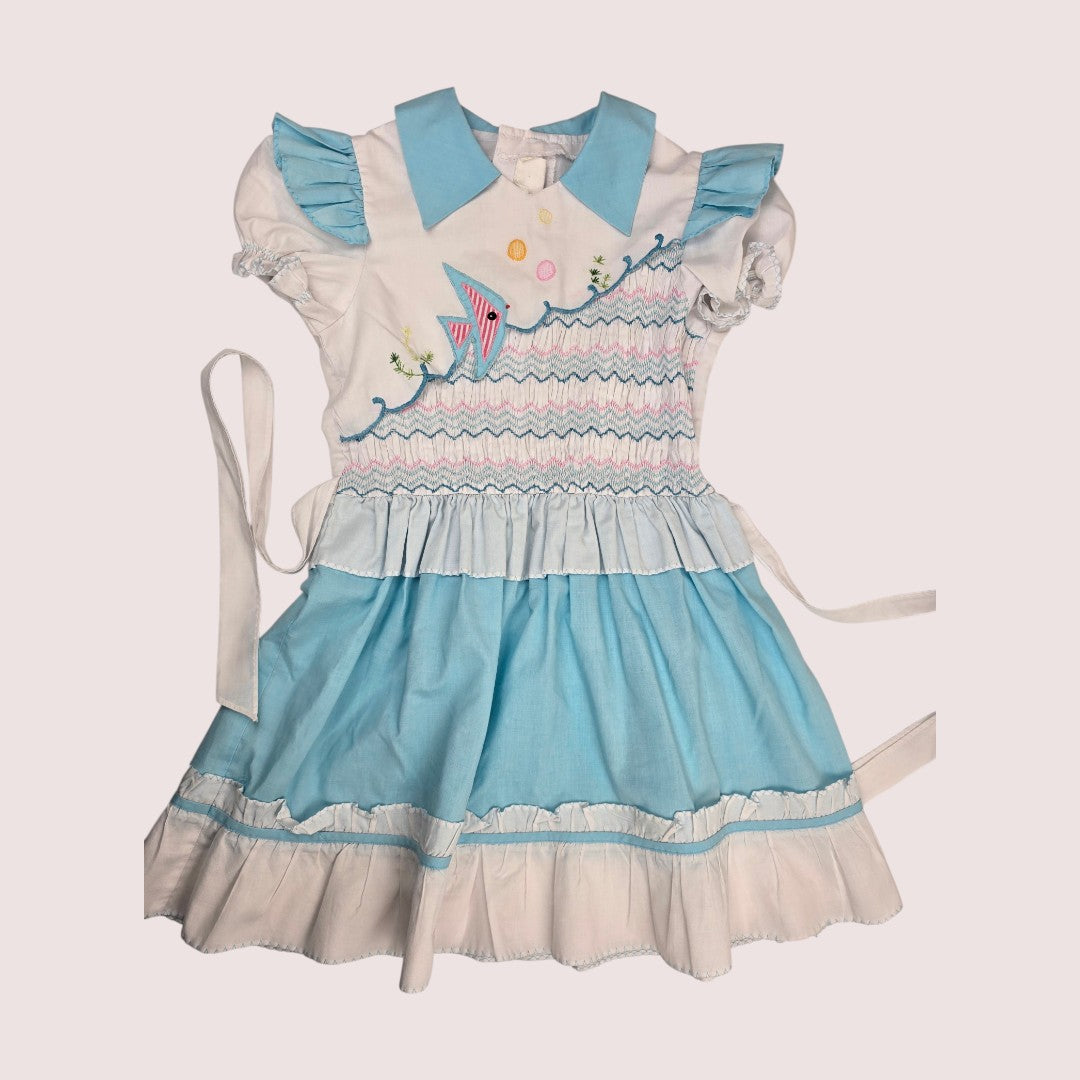 Vintage smocked fish dress with tie back 4T